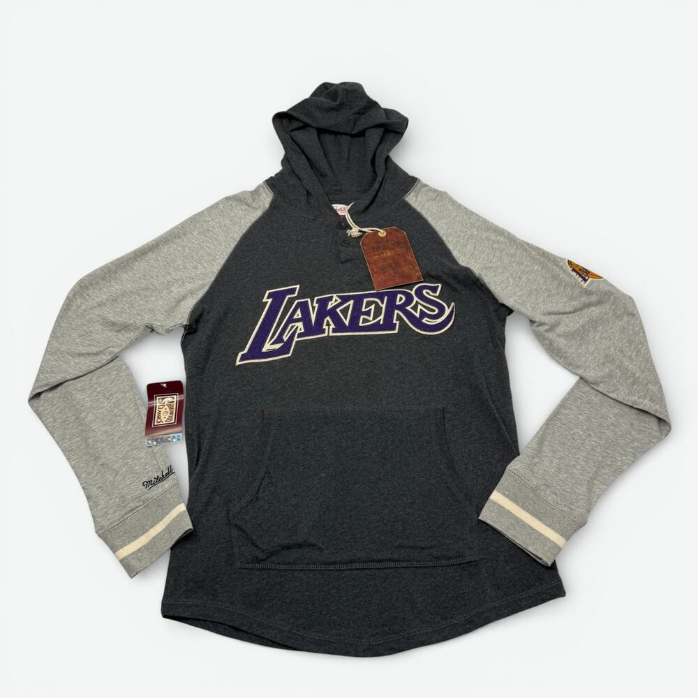 Los Angeles Lakers Hoodie Mens Medium Mitchell Ness NBA Lightweight Henley